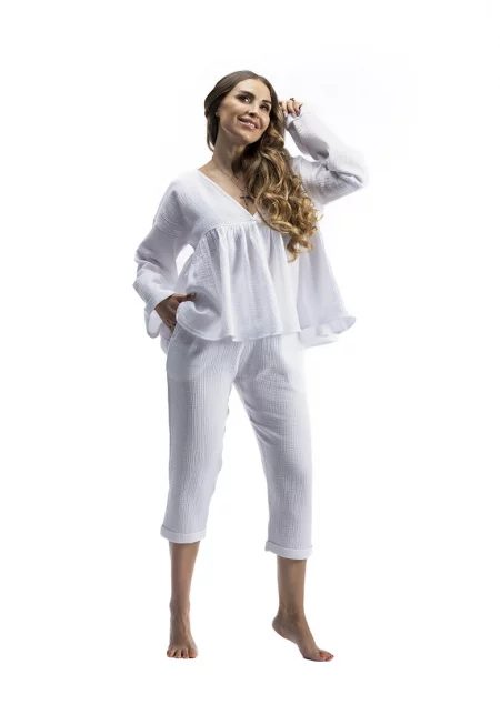 Блуза от органичен памук и 3/4 панталон - Бял