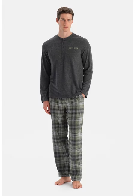 Дълга пижама с десен - Тъмнозелен меланж