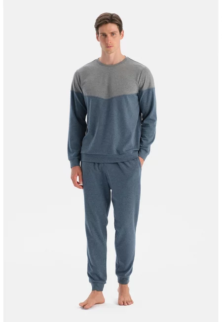 Дълга пижама с цветен блок - Сив/Тъмносин