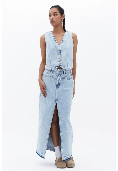 Дълга пола от деним с цепка отпред - Пастелносин