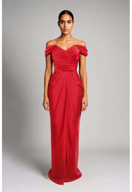 Дълга сатинирана рокля с голи рамене - Червен