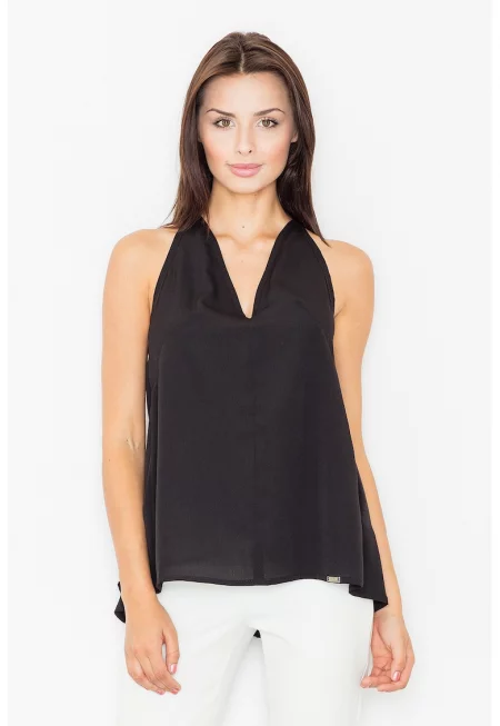 Дамска блуза -  Полиестер/Еластан/Вискоза - Отворен гръб - V-образно деколте - Черна