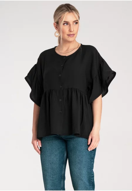 Дамска блуза  Риза - Волани - Памук - SM INTL - Черен