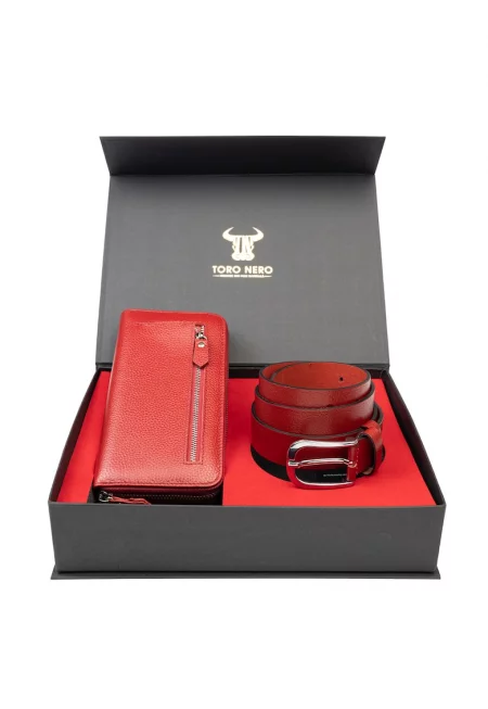 Дамски портфейл и комплект колан - естествена кожа - червен - Arya-Thick