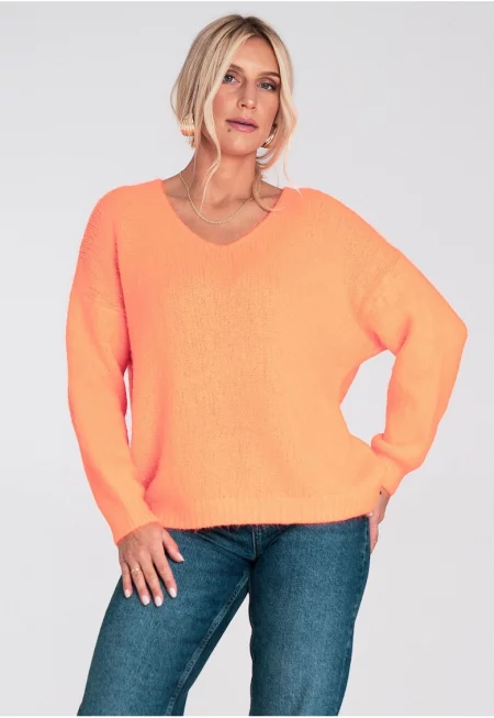 Дамски пуловер -  овърсайз - V-образно деколте - оранжев - лека материя - акрил