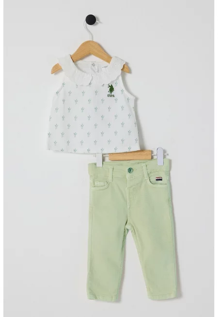Дънки и тениска с принт - 2 части - Бял/Шам фъстък зелено
