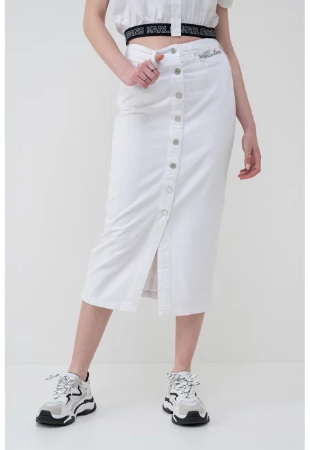 Дънкова миди пола с копчета - Бял