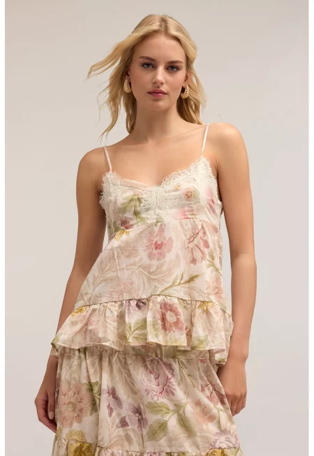 Флорален топ с флорален принт - Зелен/Розово