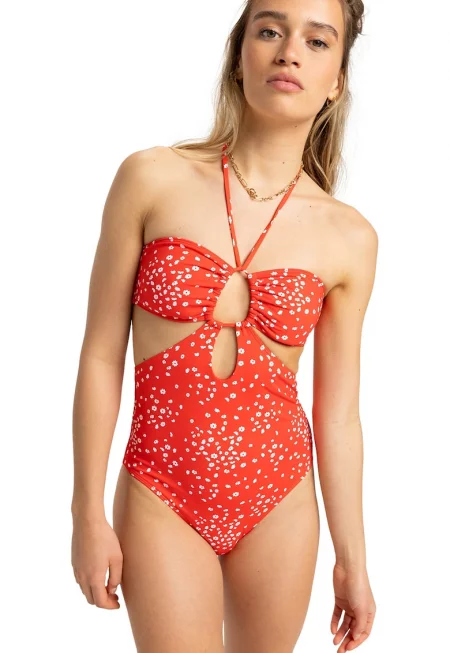 Флорален цял бански с отвори - Бял/Аленочервен