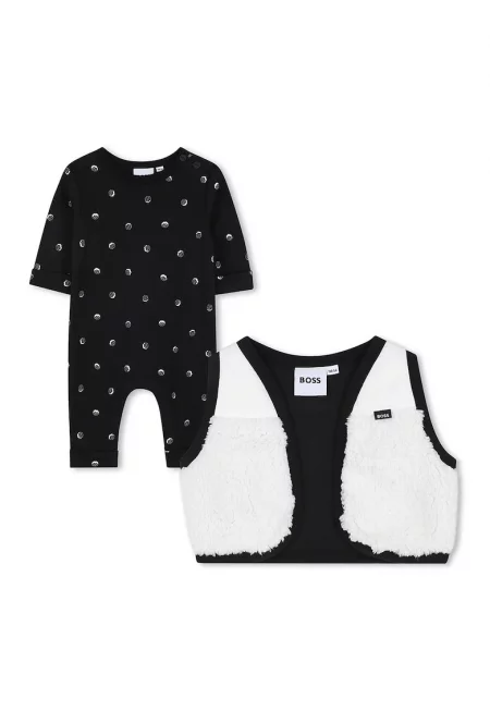 Гащеризон с десен и пухен елек - 2 части - Бял/Черен