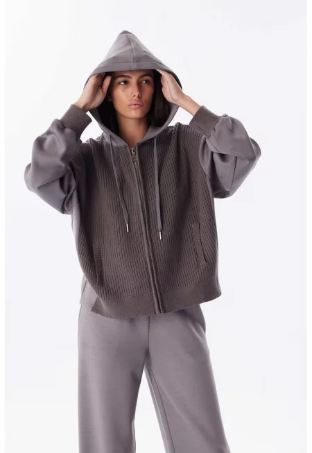 Худи с две материи - Сиво-бежов