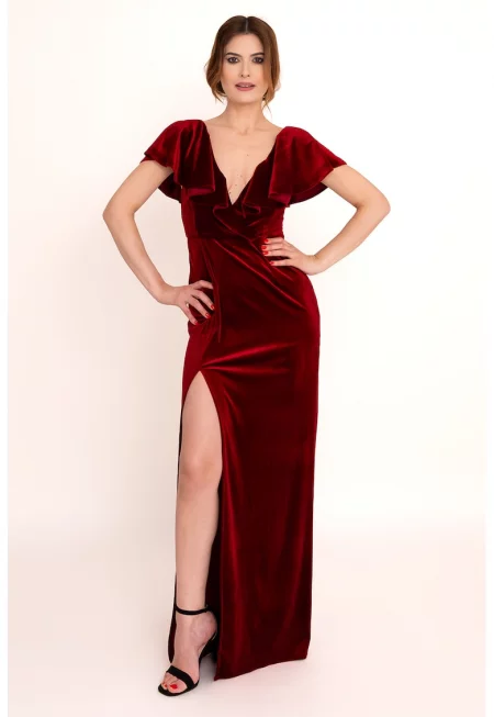 Кадифена рокля Seraphina с цепка встрани - Тъмночервен