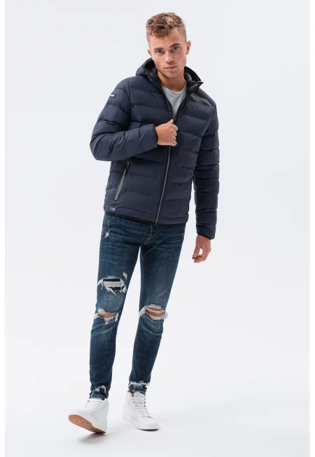 Капитонирано зимно яке с джобове с цип - Тъмносин