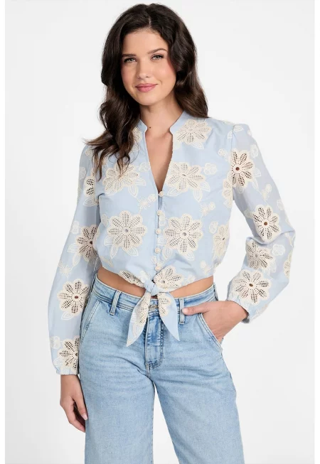 Къса риза с бродерии - Бял - Светлосин -