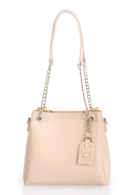 Кожена чанта с дръжки тип верижка - Праскова