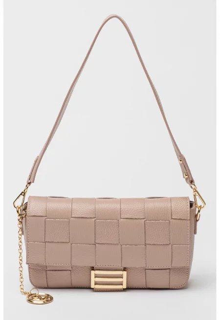 Кожена чанта със сплетен дизайн - Прашно розово