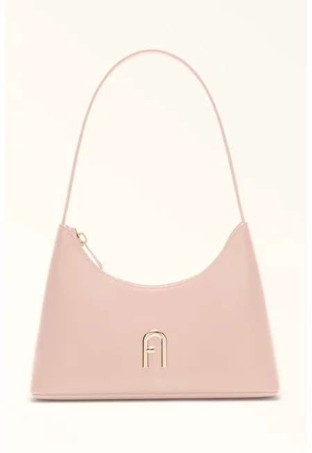 Кожена чанта за рамо с метално лого - Бледо розово