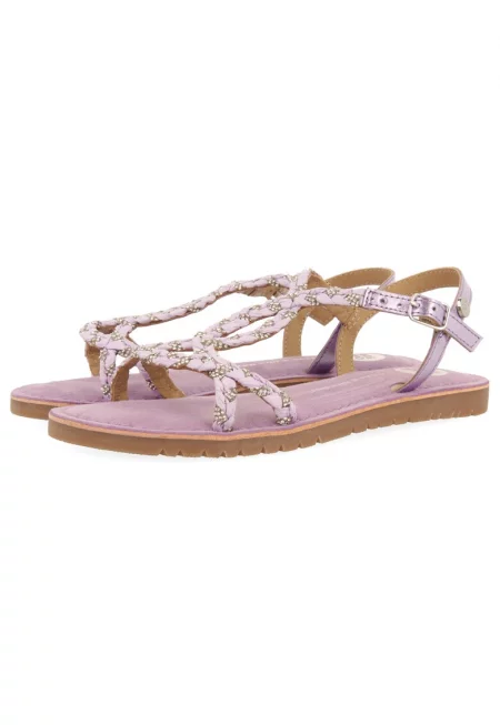 Кожени сандали с декоративни камъни - Лилав