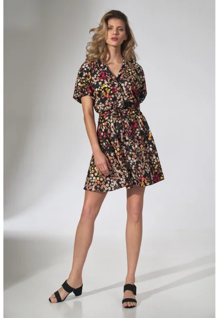 Лятна рокля -  M739 - флорална - къс ръкав - полиестер - многоцветна