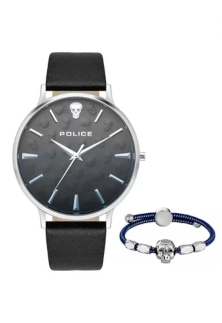 Мъжки часовник  кварцов механизъм - корпус от неръждаема стомана - каишка от естествена кожа - 44 мм - включена гривна - черен/сребрист