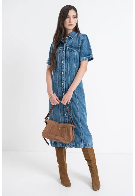 Миди рокля-риза от деним - Светлосин