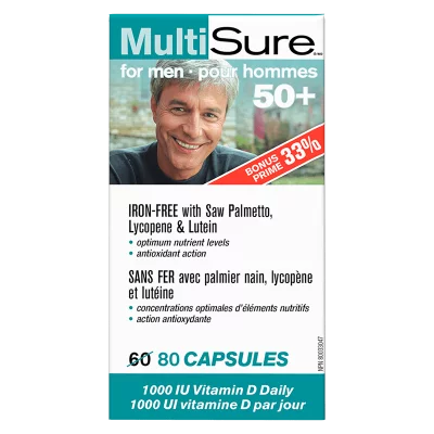 MultiSure® Men 50+ / Мултивитамини за мъже 50+ (с лутеин, ликопен и сао палмето), 80 капсули