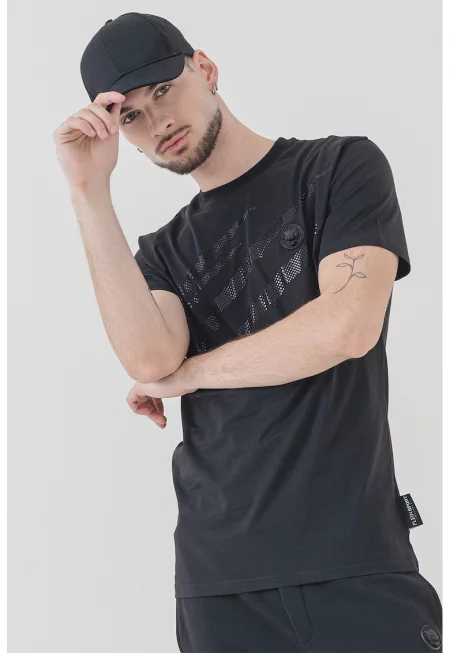 Памучна тениска с декоративни камъни - Черен