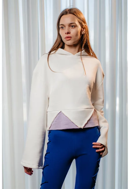 Памучно худи с дизайн с цветен блок - Мръснобял