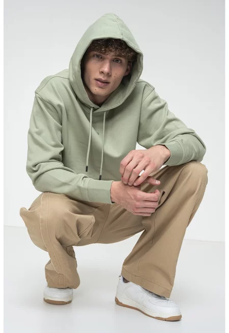 Памучно худи с джоб кенгуру - Светлозелен