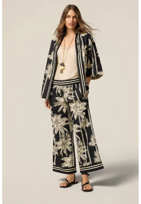 Панталон с широк крачол и тропически принт - Черен/Бежов