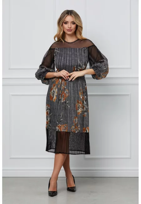 Плисирана рокля с полупрозрачни зони - Сив