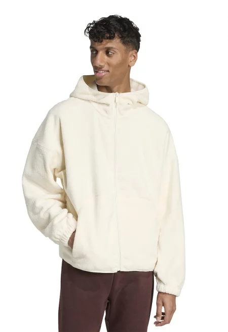 Плюшено худи с джобове встрани - Крем