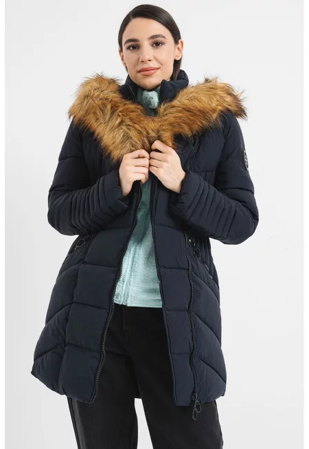 Подплатено зимно яке Chaya с еко пух и качулка - Тъмносин