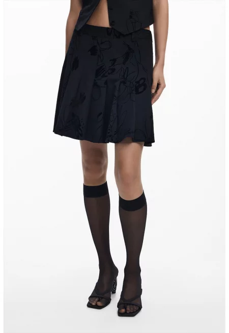 Пола с веревна кройка и абстрактен принт - Черен