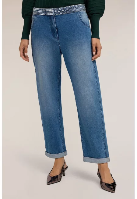 Прави дънки с декоративни камъни - Син меланж