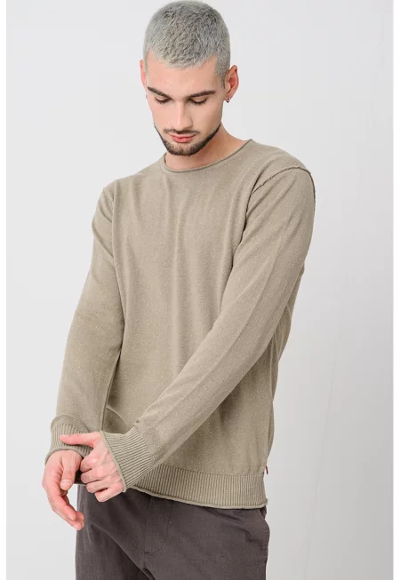 Пуловер с памук с овално деколте - Бледозелен