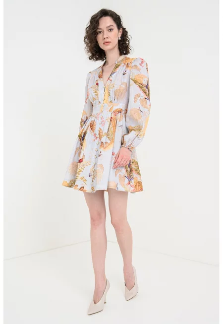 Разкроена ленена рокля с шпиц - Пастелносин/Корал/Светлозелен