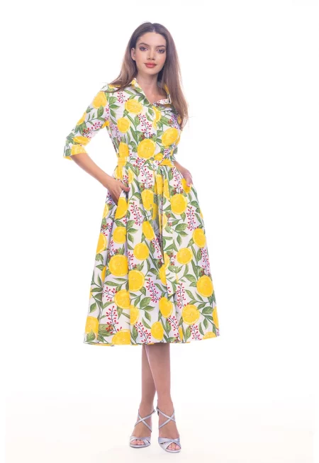 Разкроена рокля-риза с колан - Червен/Зелен/Жълт