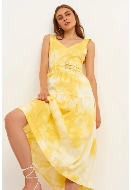 Разкроена рокля с хоризонтален меланж - Бял/Жълт