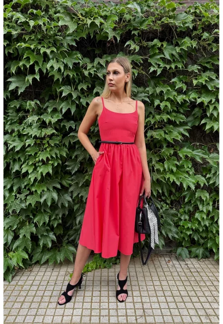 Разкроена рокля с тънък колан - Корал