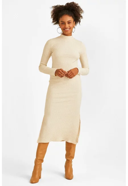 Рипсена миди рокля с дълги ръкави и цепка встрани