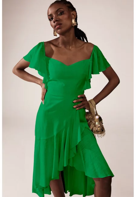 Рокля с голо рамо - Зелен