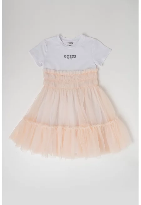 Рокля с овално деколте и тюл - Праскова/Бял