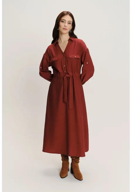 Рокля с регулираща се талия и дълги ръкави - Тъмночервен