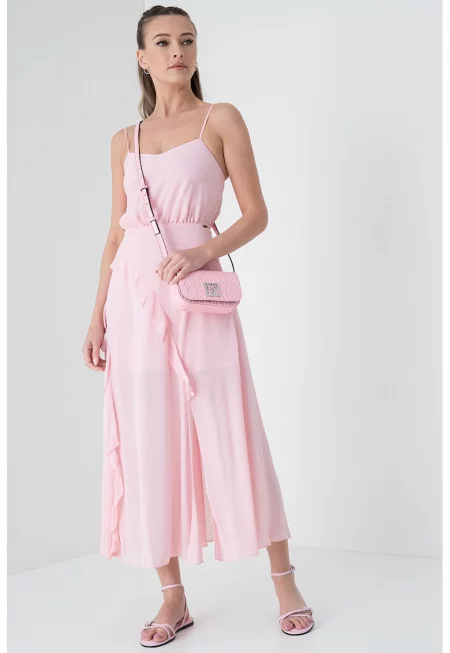 Рокля с шлицове отпред - без ръкави - Светлорозов
