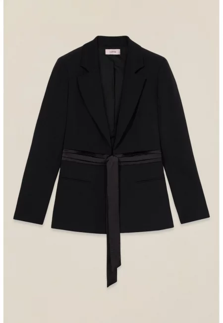 Сако със сатиниран колан - Черен