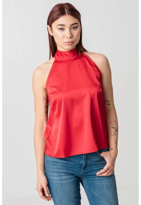 Сатиниран топ с панделка - Тъмночервен
