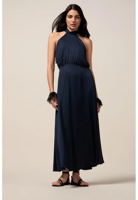 Сатинирана халтер рокля - Тъмносин