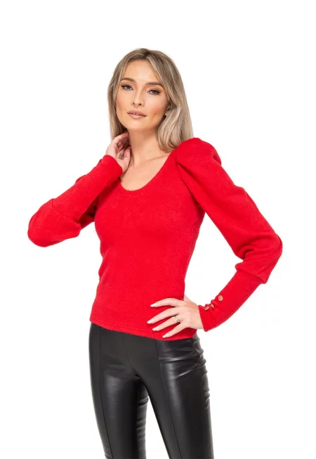 Слим блуза Nuria с бухнали ръкави - Аленочервен