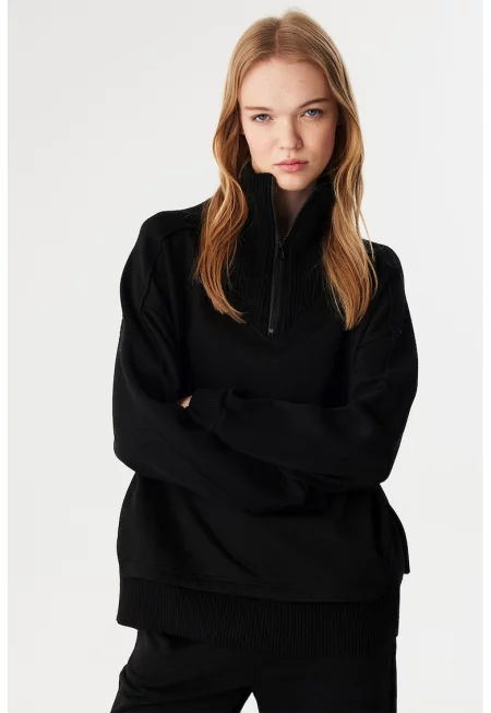 Суитшърт с къс цип - Черен